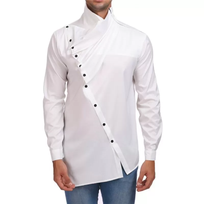 Cowl Neck Ruffles Irregular Button Up Shirt - White