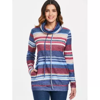 Cowl Neck triped Pullover weatshirt - Blue