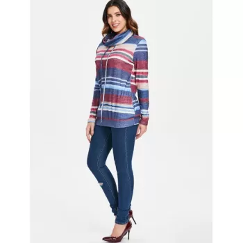 Cowl Neck triped Pullover weatshirt - Blue