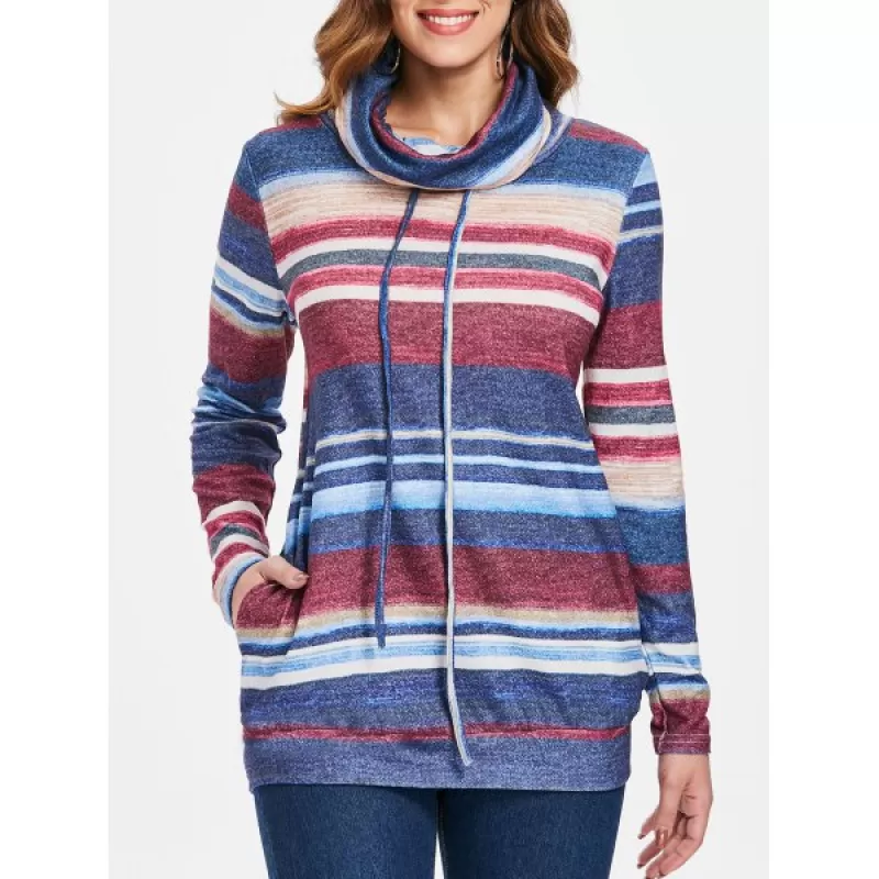 Cowl Neck triped Pullover weatshirt - Blue