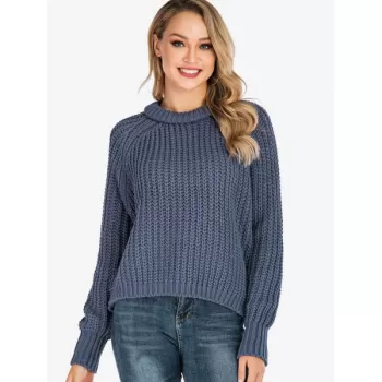 Crew Neck Chunky Raglan Sleeve Sweater - Blue One