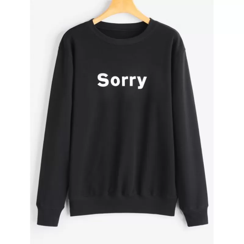 Crew Neck Graphic Sorry Sweatshirt - Black