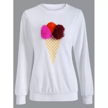 Crew Neck Pompom Sweatshirt - Red With White