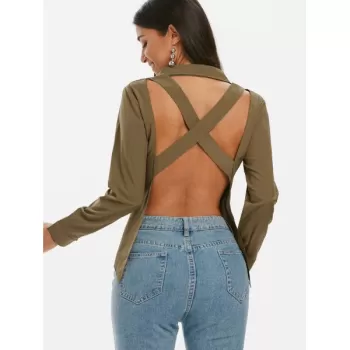 Criss Cross Back Buttoned Solid Shirt - Camouflage Green