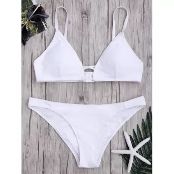 Criss Cross Spaghetti Strap Texture Bikini Set - White