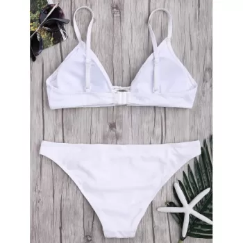 Criss Cross Spaghetti Strap Texture Bikini Set - White