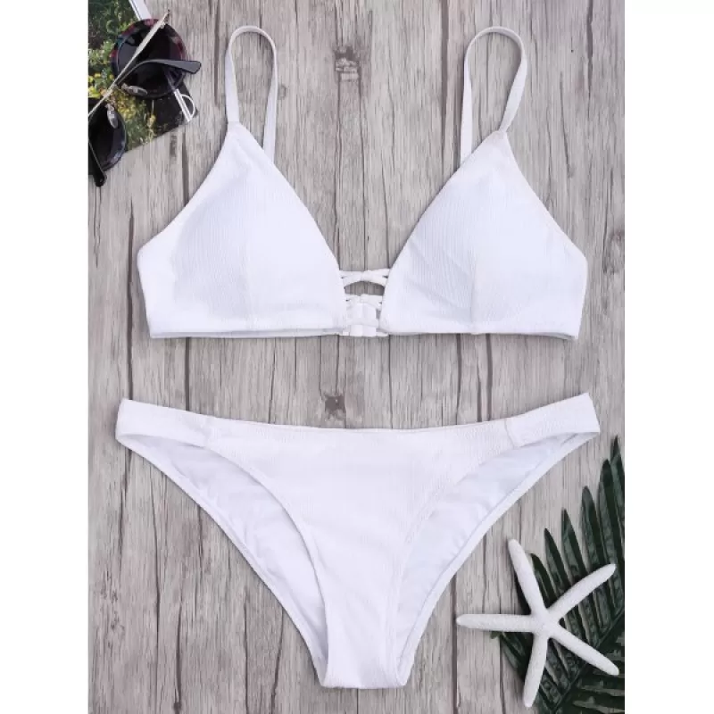 Criss Cross Spaghetti Strap Texture Bikini Set - White