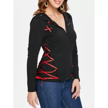 Criss Cross Zip Up Hoodie - Black