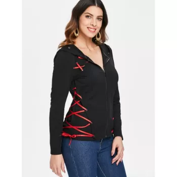 Criss Cross Zip Up Hoodie - Black