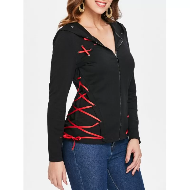 Criss Cross Zip Up Hoodie - Black