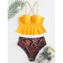 Crisscross Paisley Print Underwire Peplum Tankini wimsuit - Yellow