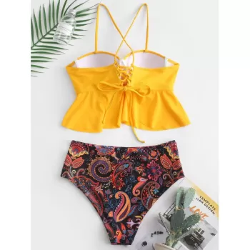 Crisscross Paisley Print Underwire Peplum Tankini wimsuit - Yellow