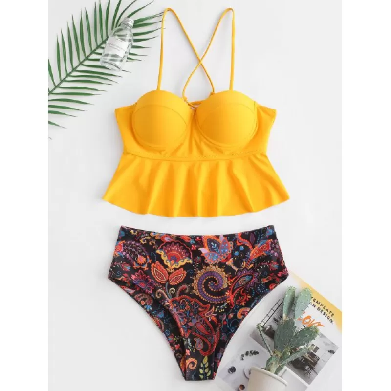 Crisscross Paisley Print Underwire Peplum Tankini wimsuit - Yellow