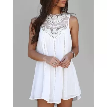 Crochet Panel Sleeveless ini Dress - White