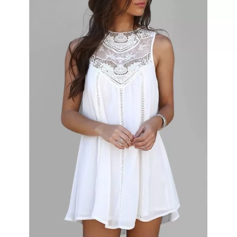 Crochet Panel Sleeveless ini Dress - White