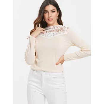 Crochet Panel Slim Fit T-shirt - Blanched Almond
