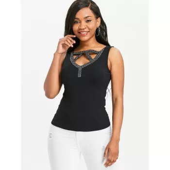 Cut Out Beaded Tank Top - Black
