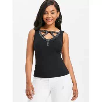 Cut Out Beaded Tank Top - Black