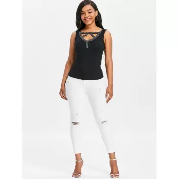 Cut Out Beaded Tank Top - Black