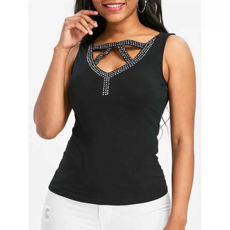 Cut Out Beaded Tank Top - Black