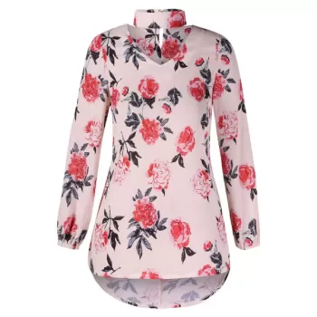 Cut Out Floral Print Blouse - Light Pink