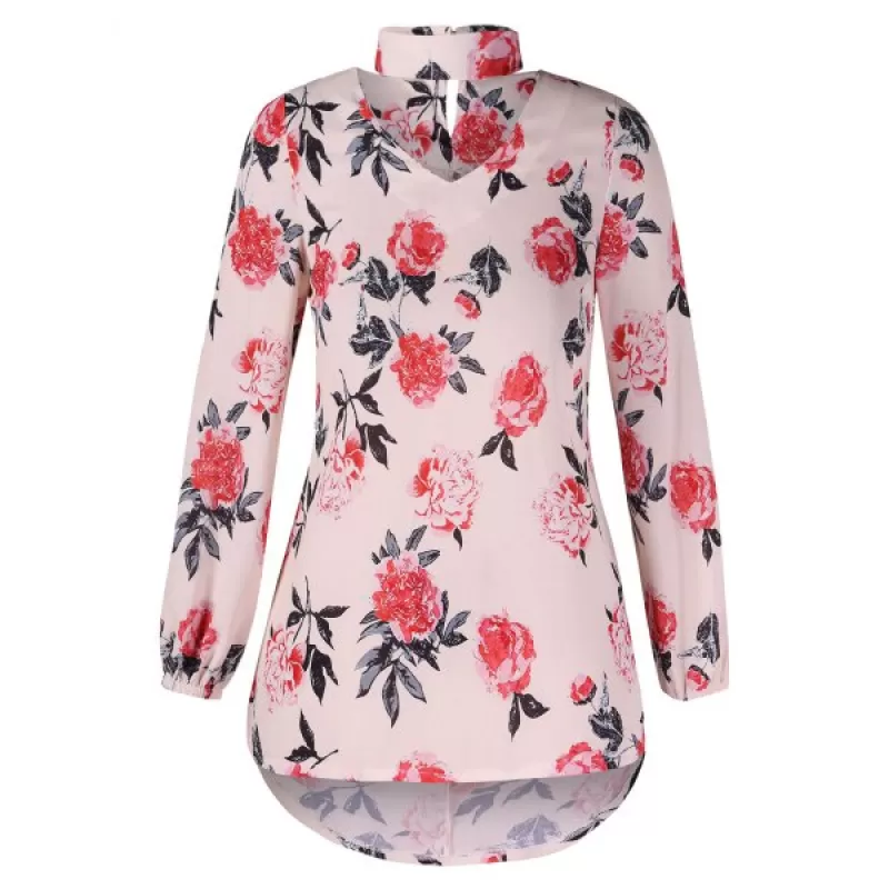 Cut Out Floral Print Blouse - Light Pink
