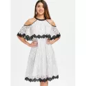 Cut Out Shoulder Jewel Neck Floral Dress - White