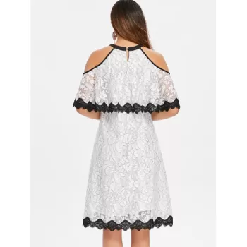 Cut Out Shoulder Jewel Neck Floral Dress - White