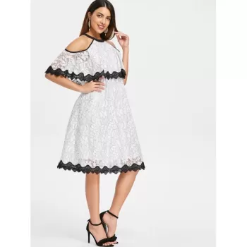 Cut Out Shoulder Jewel Neck Floral Dress - White