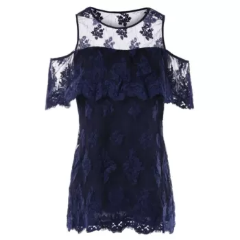Cut Out Shoulder Lace Blouse - idnight Blue
