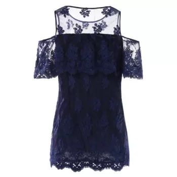Cut Out Shoulder Lace Blouse - idnight Blue