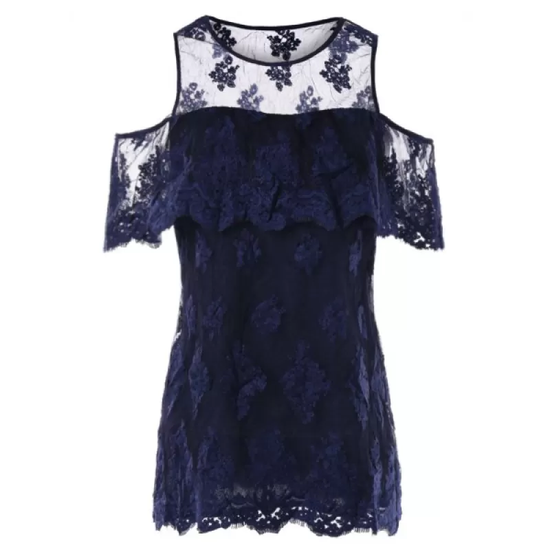 Cut Out Shoulder Lace Blouse - idnight Blue