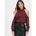 Cut Out Shoulder Long Sleeve Plaid Shirt -