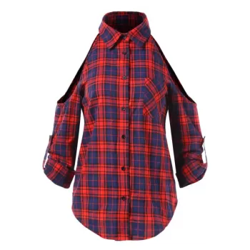 Cut Out Shoulder Long Sleeve Plaid Shirt -