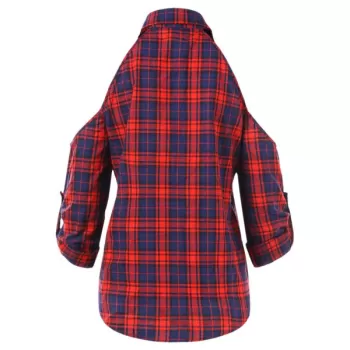 Cut Out Shoulder Long Sleeve Plaid Shirt -