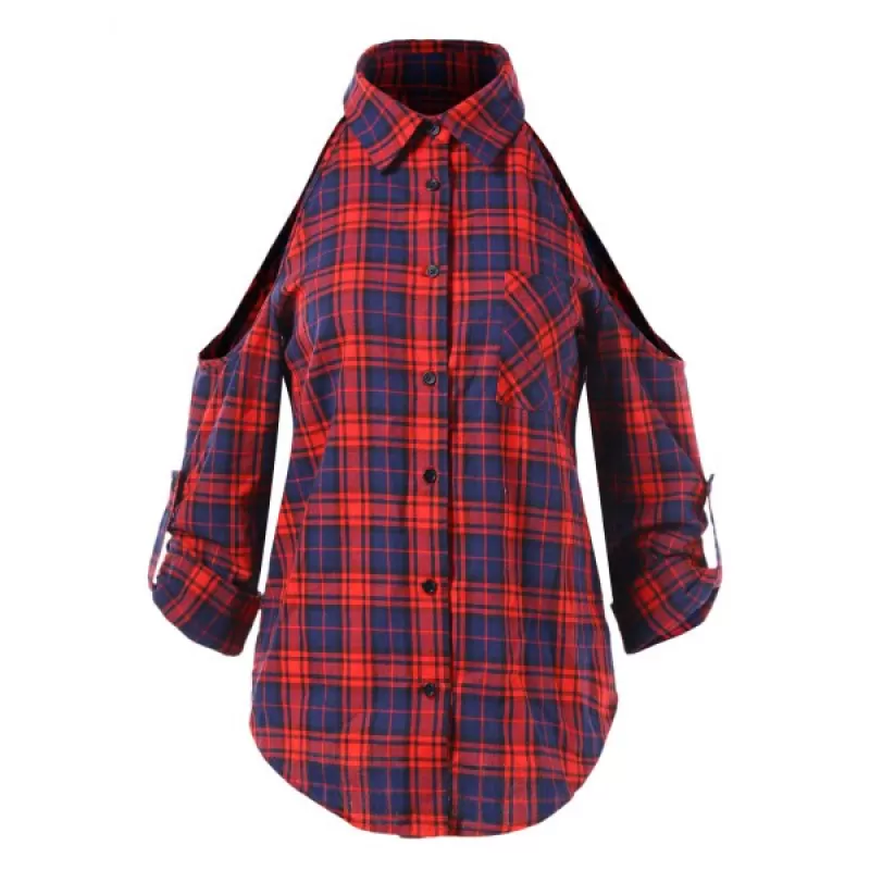 Cut Out Shoulder Long Sleeve Plaid Shirt -