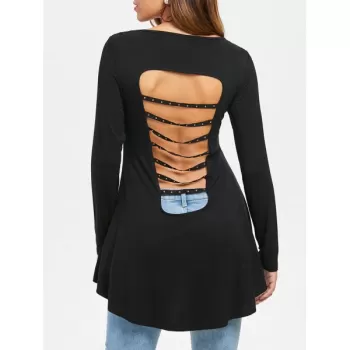 Cut Out Stud Embellished High Low T-shirt - Black