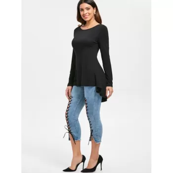 Cut Out Stud Embellished High Low T-shirt - Black