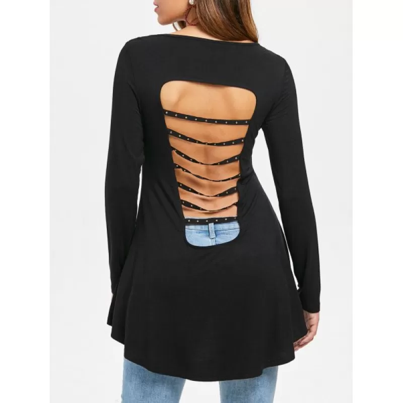 Cut Out Stud Embellished High Low T-shirt - Black