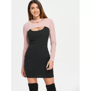 Cut Out Two Piece Knitted Dresses - Black