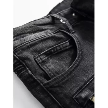Dark Wash Ripped Decoration Jeans - Black