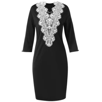 Deep V Crochet Back Slim Fit Dress - Black