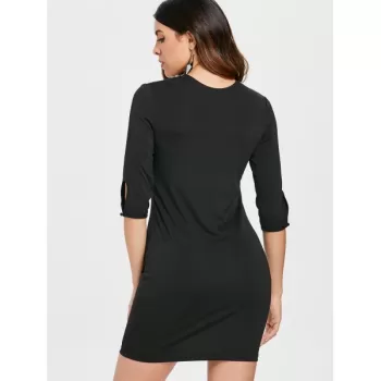 Deep V Crochet Back Slim Fit Dress - Black