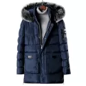 Detachable Fur Hooded Zip Fly Padded Coat - Lapis Blue