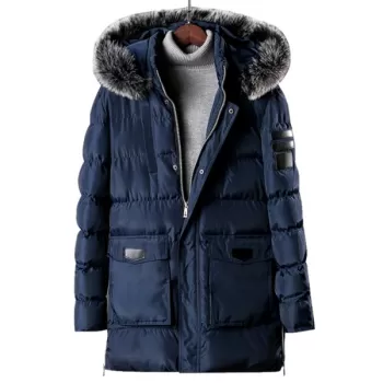 Detachable Fur Hooded Zip Fly Padded Coat - Lapis Blue