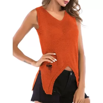 Distressed V Neck Asymmetrical Knitted Tank Top - Halloween Orange