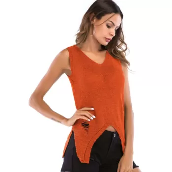 Distressed V Neck Asymmetrical Knitted Tank Top - Halloween Orange