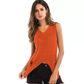 Distressed V Neck Asymmetrical Knitted Tank Top - Halloween Orange