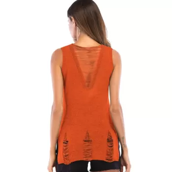 Distressed V Neck Asymmetrical Knitted Tank Top - Halloween Orange