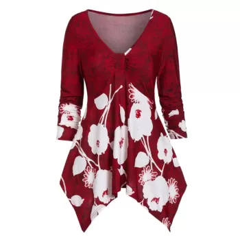 Ditsy Print Plunge Asymmetrical T Shirt - Red Wine